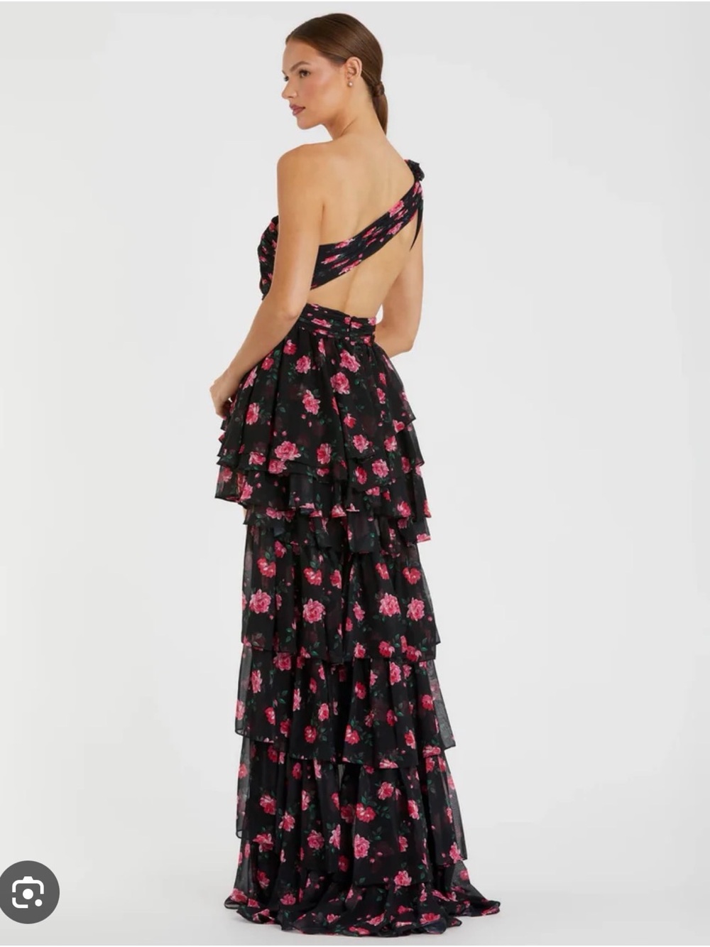 Mac Duggal Black Floral High-Low One-Shoulder Dress with Pink Roses - Picture 2 of 2